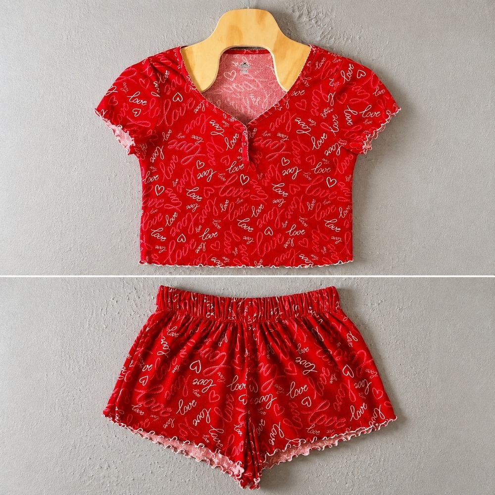1250 | Heart Print Lettuce Trim Pajama Set Loungewear Red‎ Women XL 16-18